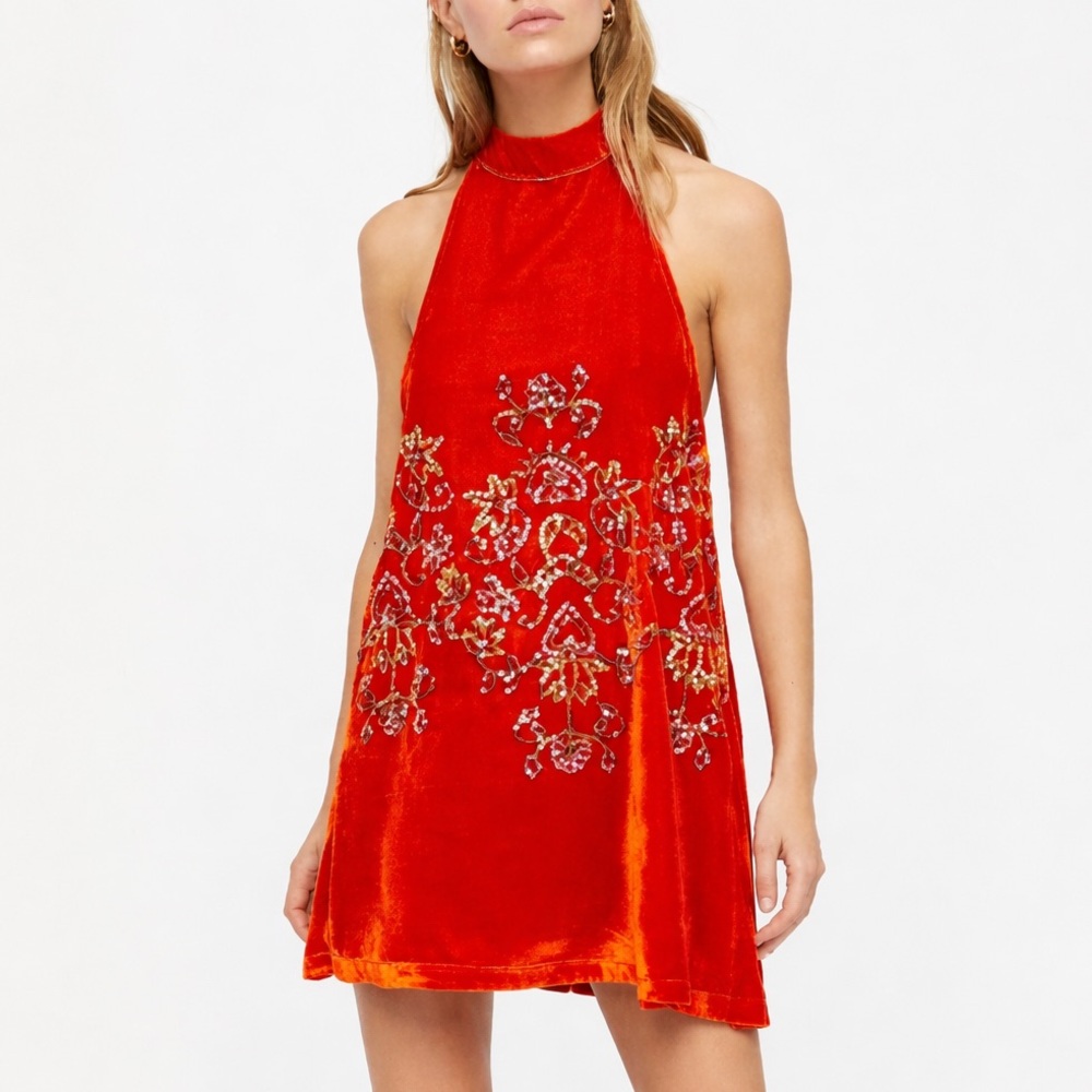 FREE PEOPLE Jill’s Sequin Swing Dress in Orange Motif